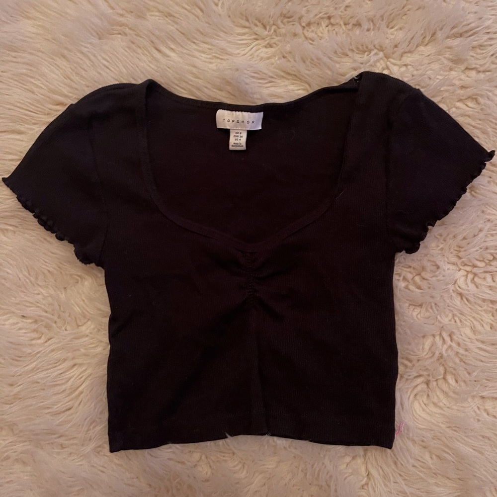 Black Cropped Topshop Top with Ruffled Detail on Sleeves